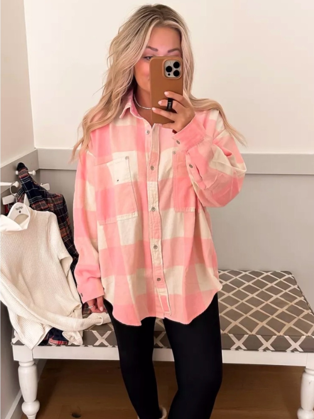 Aerie Oversized Pink and Cream Buffalo Plaid Flannel